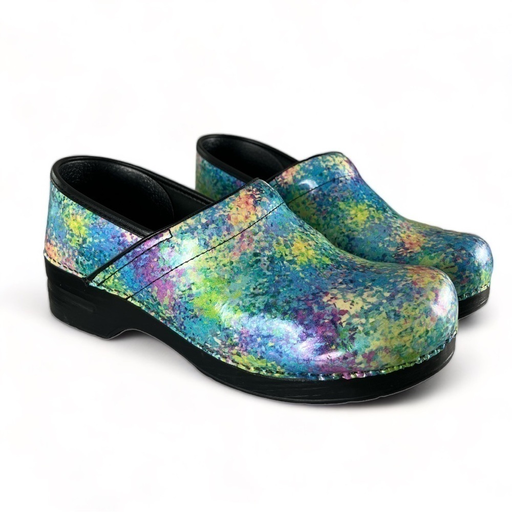 Dansko Teal Purple Pink Green Yellow Speckled Leather Clogs Size 11.5 - Picture 17 of 17